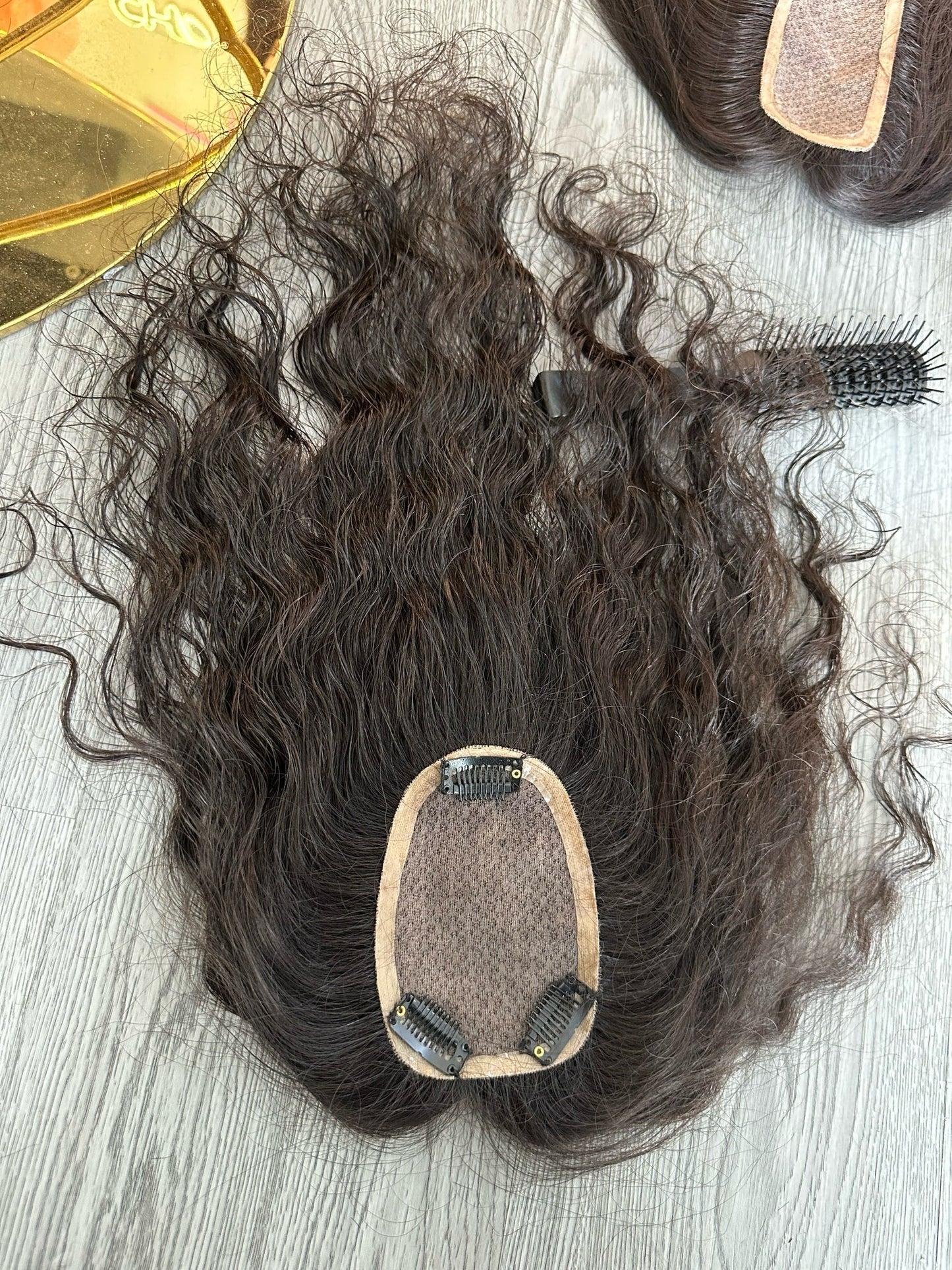 Lavia, custom order handmade silk based chocolate brown real human Curly Hair Topper, real human hair, Best for medium hair loss, cover top head area for curly hair