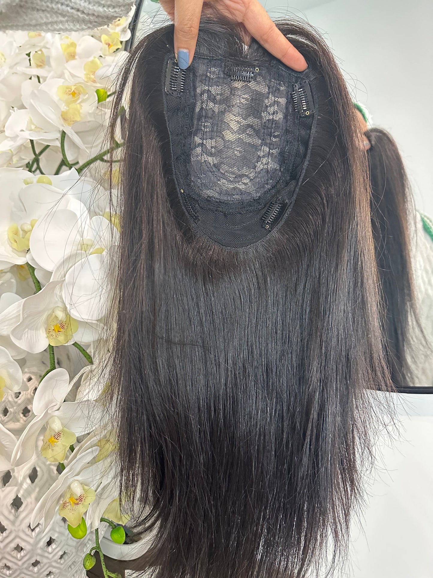 Lavia, high density silk based real human hair Topper 18 inches, large base 7.5 *6 inches