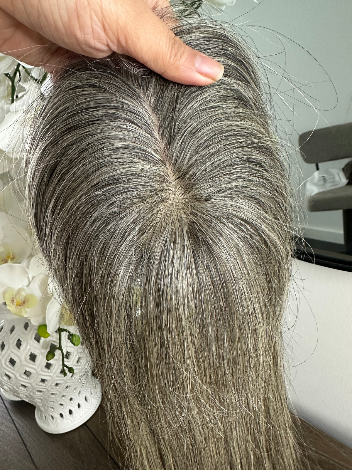 Lavia, deluxe more salt and pepper toppers, free parting handmade silk based real human Hair Topper
