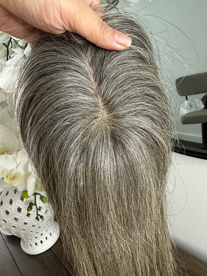 Lavia, deluxe more salt and pepper toppers, free parting handmade silk based real human Hair Topper