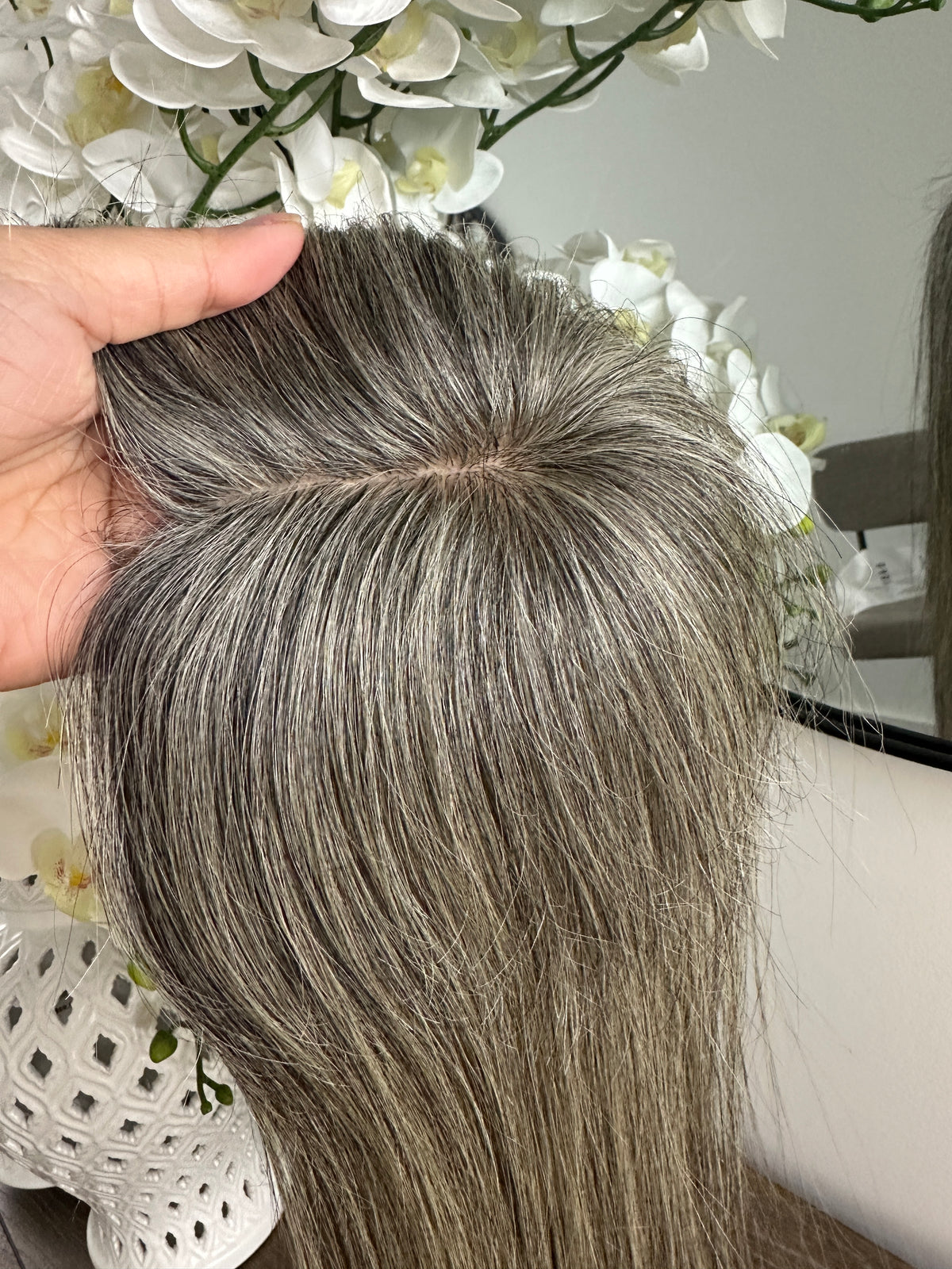 Lavia, deluxe more salt and pepper toppers, free parting handmade silk based real human Hair Topper