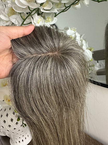 Lavia, deluxe more salt and pepper toppers, free parting handmade silk based real human Hair Topper