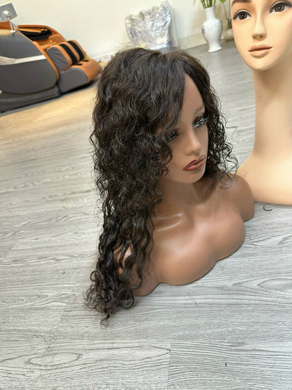 Lavia, Custom Order half head topper, natural black human hair silk based deep wavy curl Hair Topper, 55cm raw hair, 100gram hair