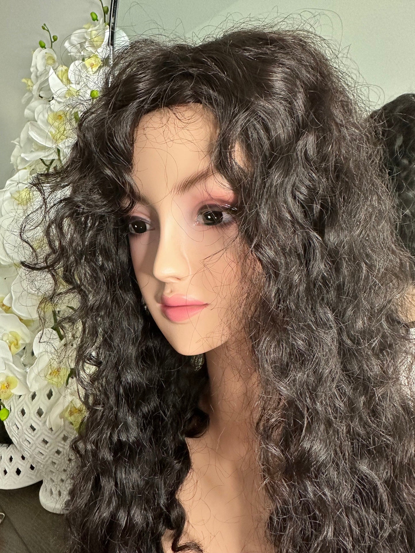 Lavia, Custom Order half head topper, natural black human hair silk based deep wavy curl Hair Topper, 55cm raw hair, 100gram hair