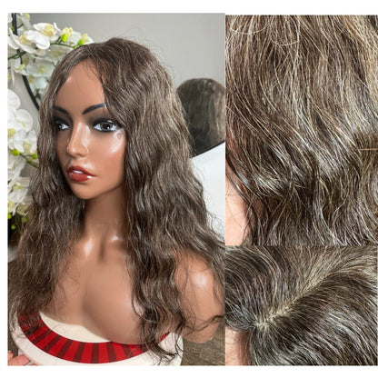 Lavia, custom order high density salt and pepper silk based real human hair Topper 14 inches, large base 7.5 *6 inches