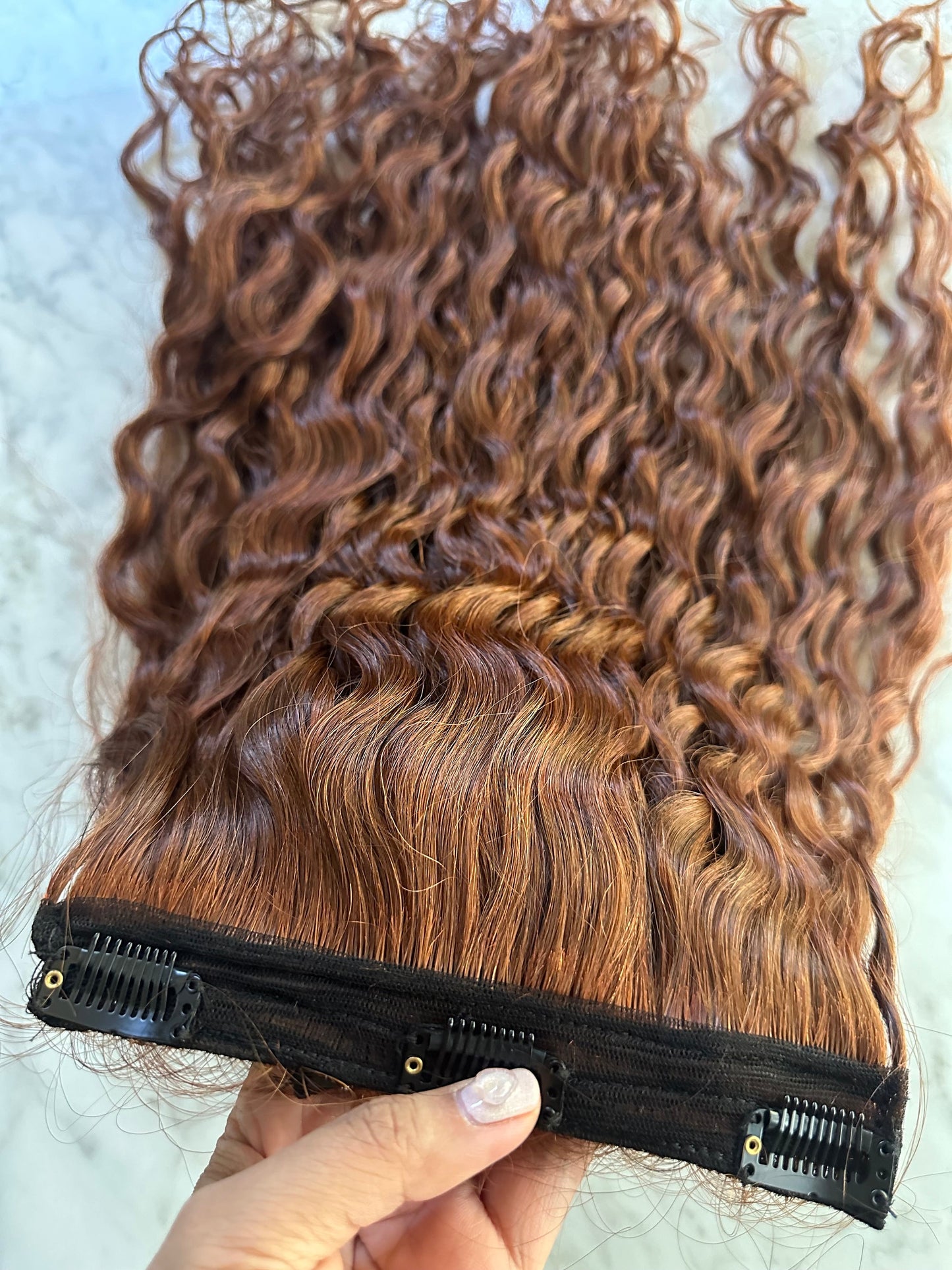 Lavia, deep curly clip-in auburn hair extensions real human hair, 100gram, 50cm raw hair length