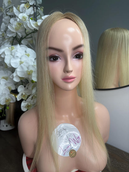 Lavia, 4.5*4.5 inches base size,ombre platinum blonde, free parting handmade silk based real human Topper, real human hair