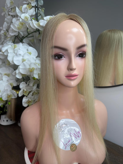 Lavia, 4.5*4.5 inches base size,ombre platinum blonde, free parting handmade silk based real human Topper, real human hair