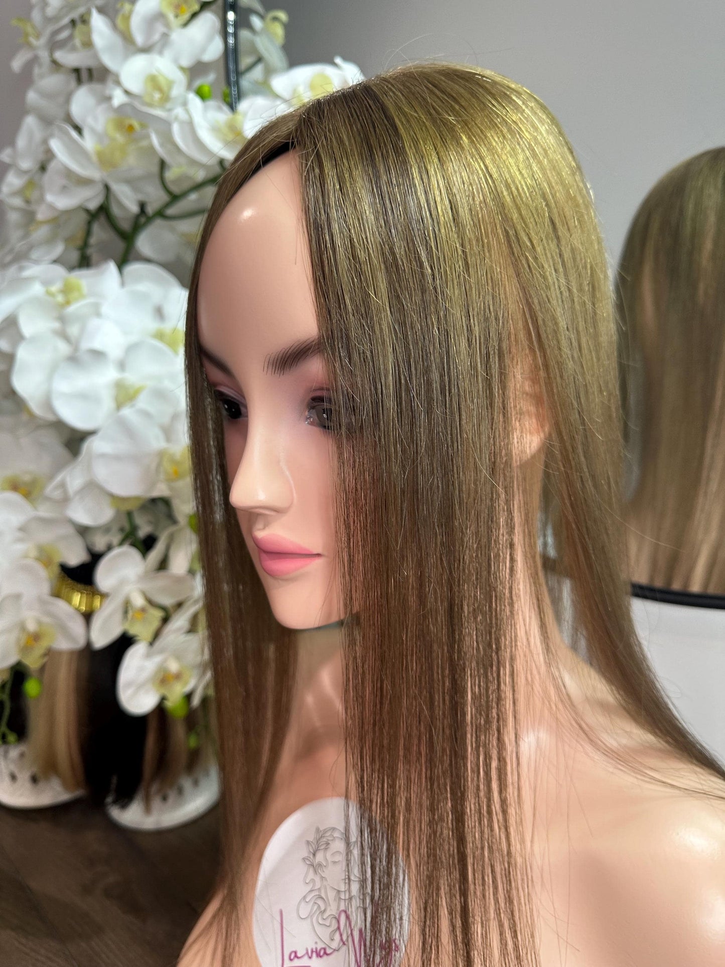 Lavia, 3*5 inches base size, dark ash blonde, free parting handmade silk based real human Topper, real human hair