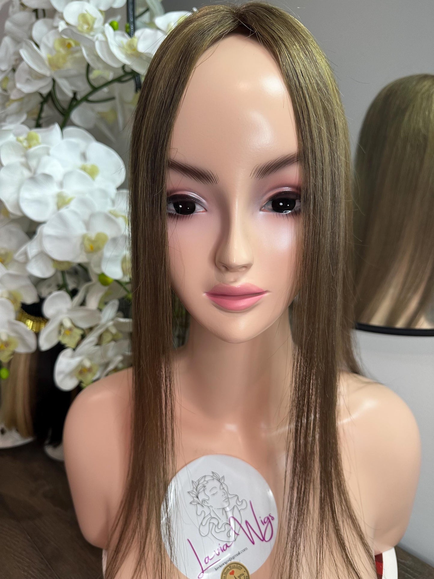 Lavia, 3*5 inches base size, dark ash blonde, free parting handmade silk based real human Topper, real human hair