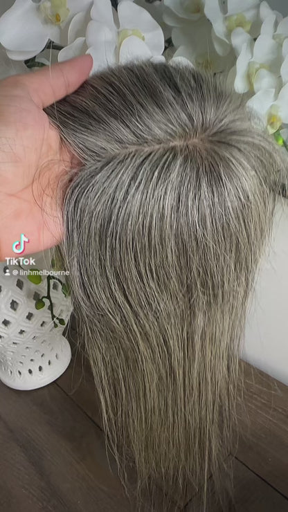 Lavia, deluxe more salt and pepper toppers, free parting handmade silk based real human Hair Topper