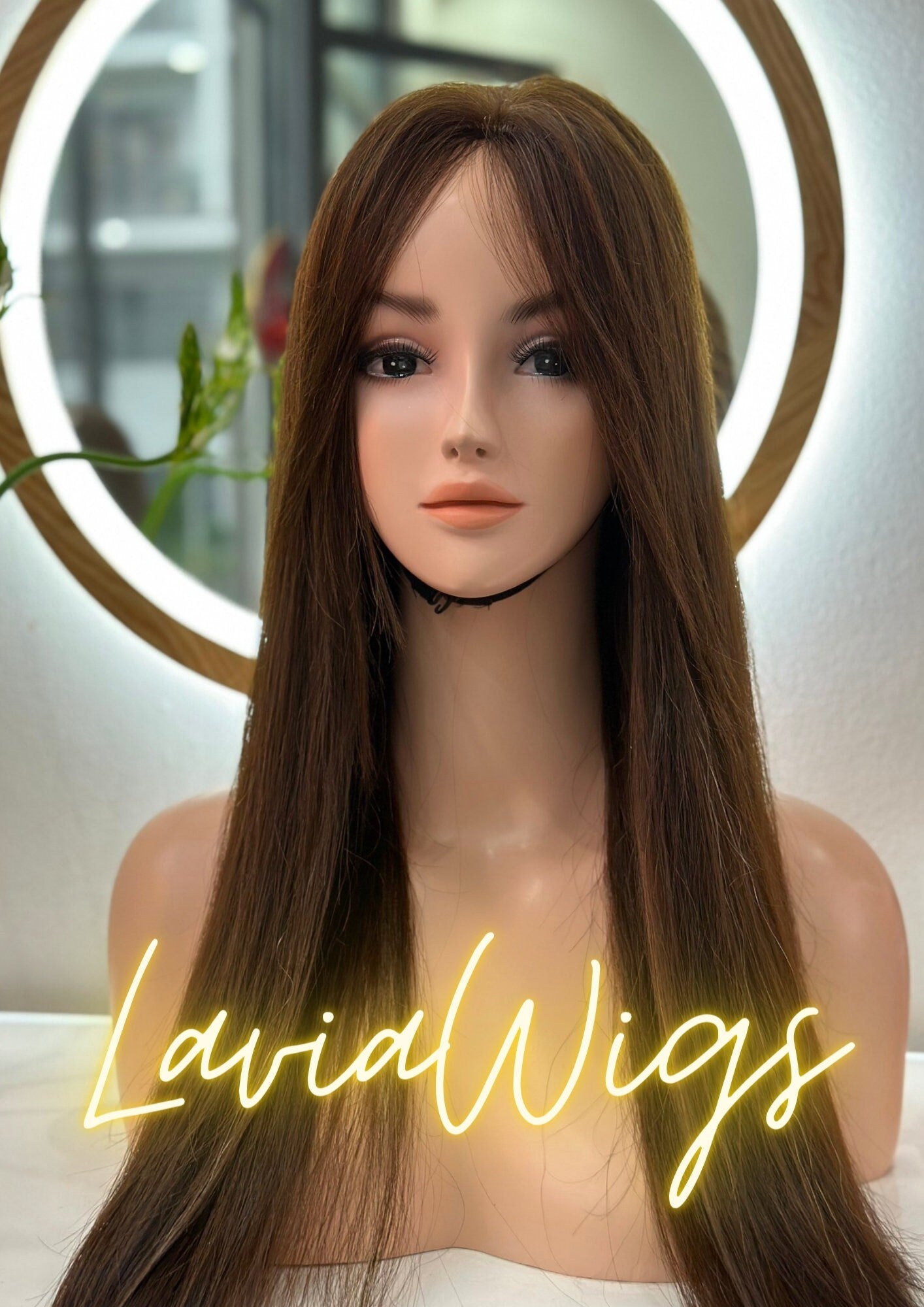 Lavia 24 inches (60cm) long chestnut brown wig, 150% density, hand-tied monofilament cap