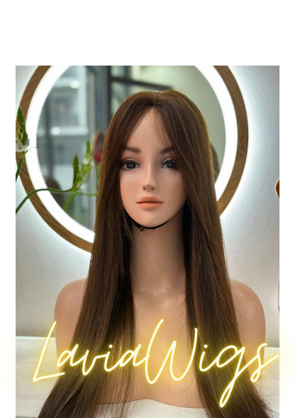 Lavia 24 inches (60cm) long chestnut brown wig, 150% density, hand-tied monofilament cap