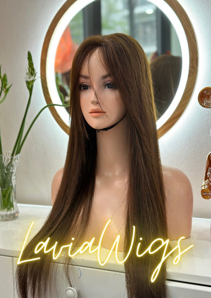 Lavia 24 inches (60cm) long chestnut brown wig, 150% density, hand-tied monofilament cap