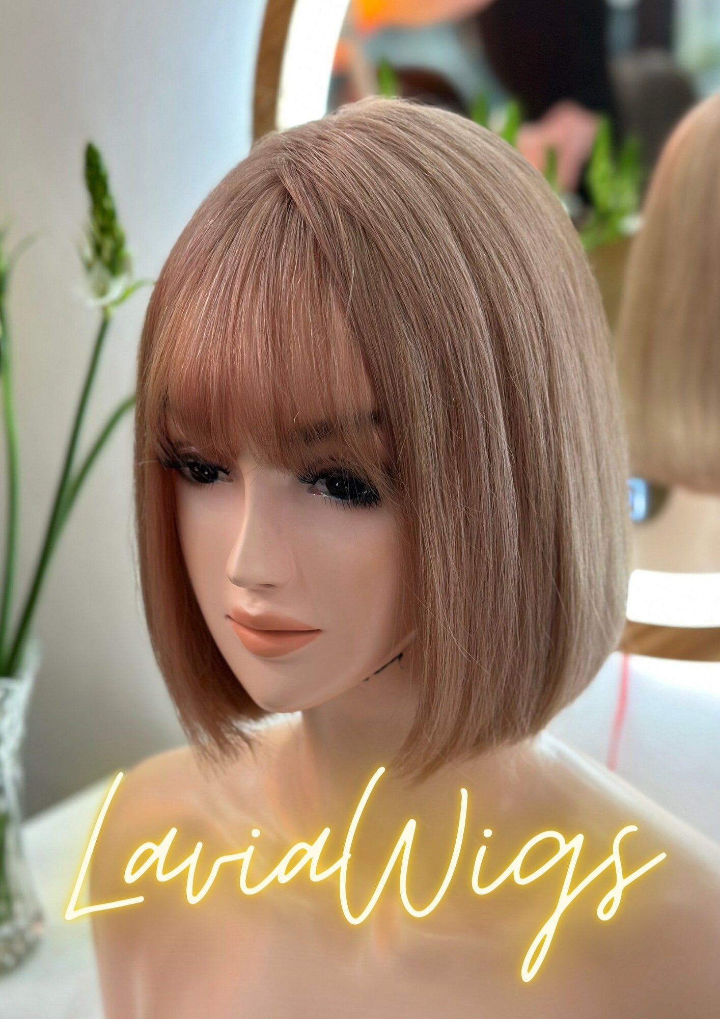 Lavia, Rose, pink copper bob wig, hand-tied monofilament cap