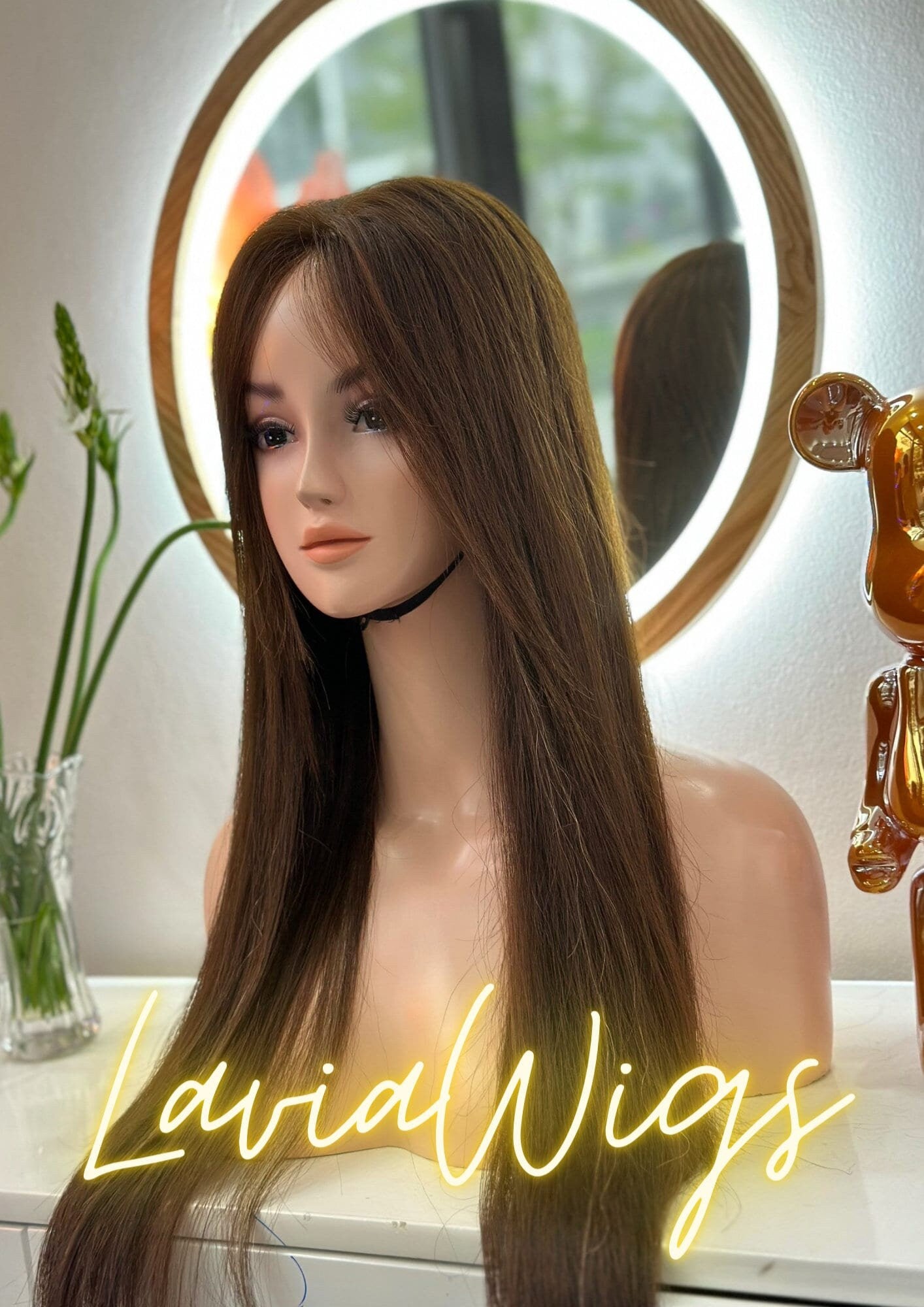 Lavia 24 inches (60cm) long chestnut brown wig, 150% density, hand-tied monofilament cap