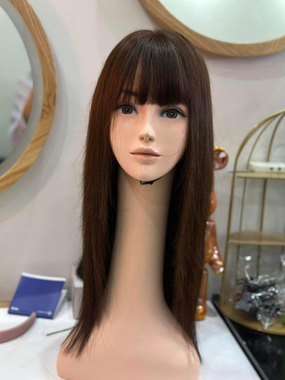 Lavia, dark brown with front bangs wig 50cm 180% density, hand-tied monofilament cap