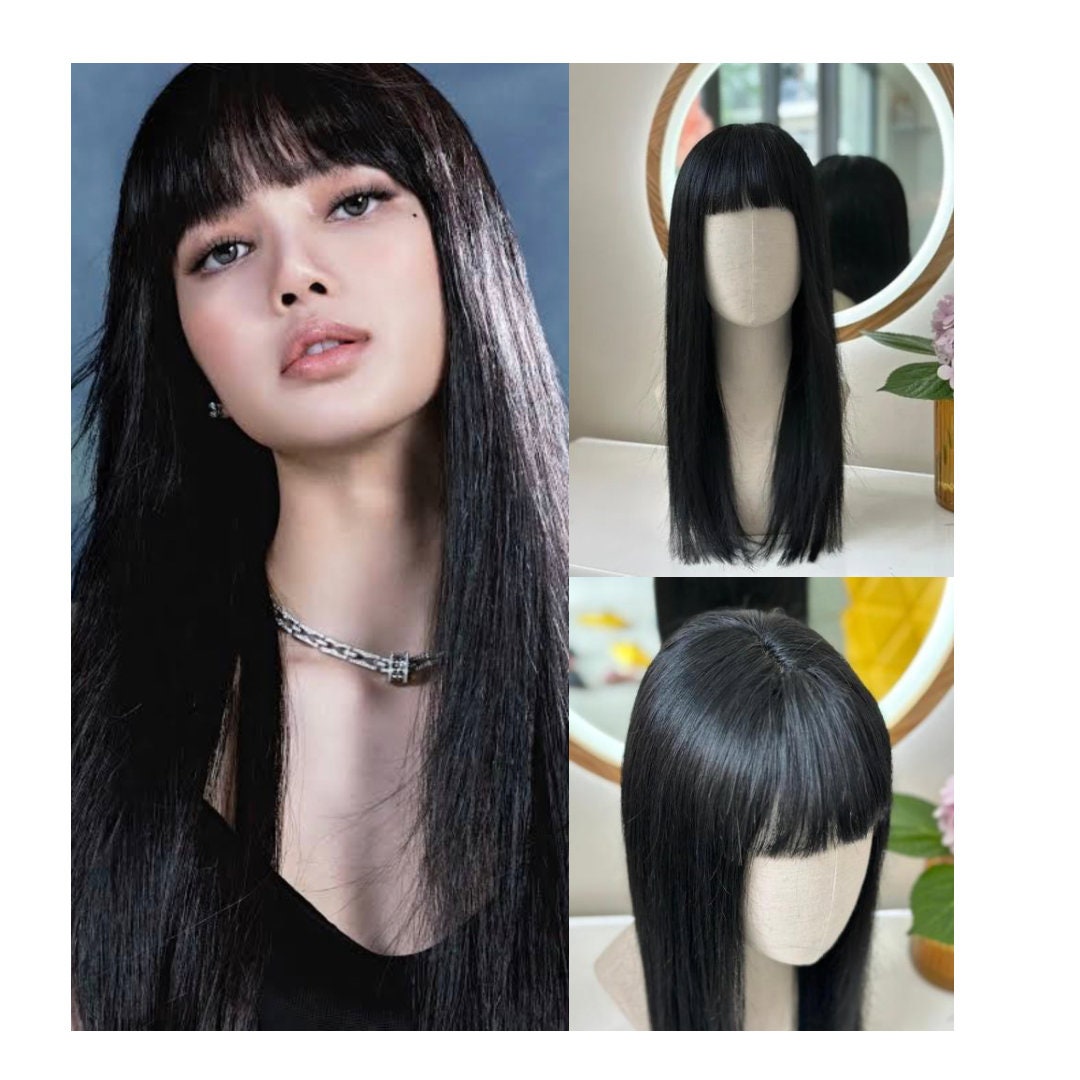 Lavia, Lisa Blackpink inspiration, jet black with front bangs wig, 50cm, 200% density, 2.4gram, hand-tied monofilament 3D silk cap