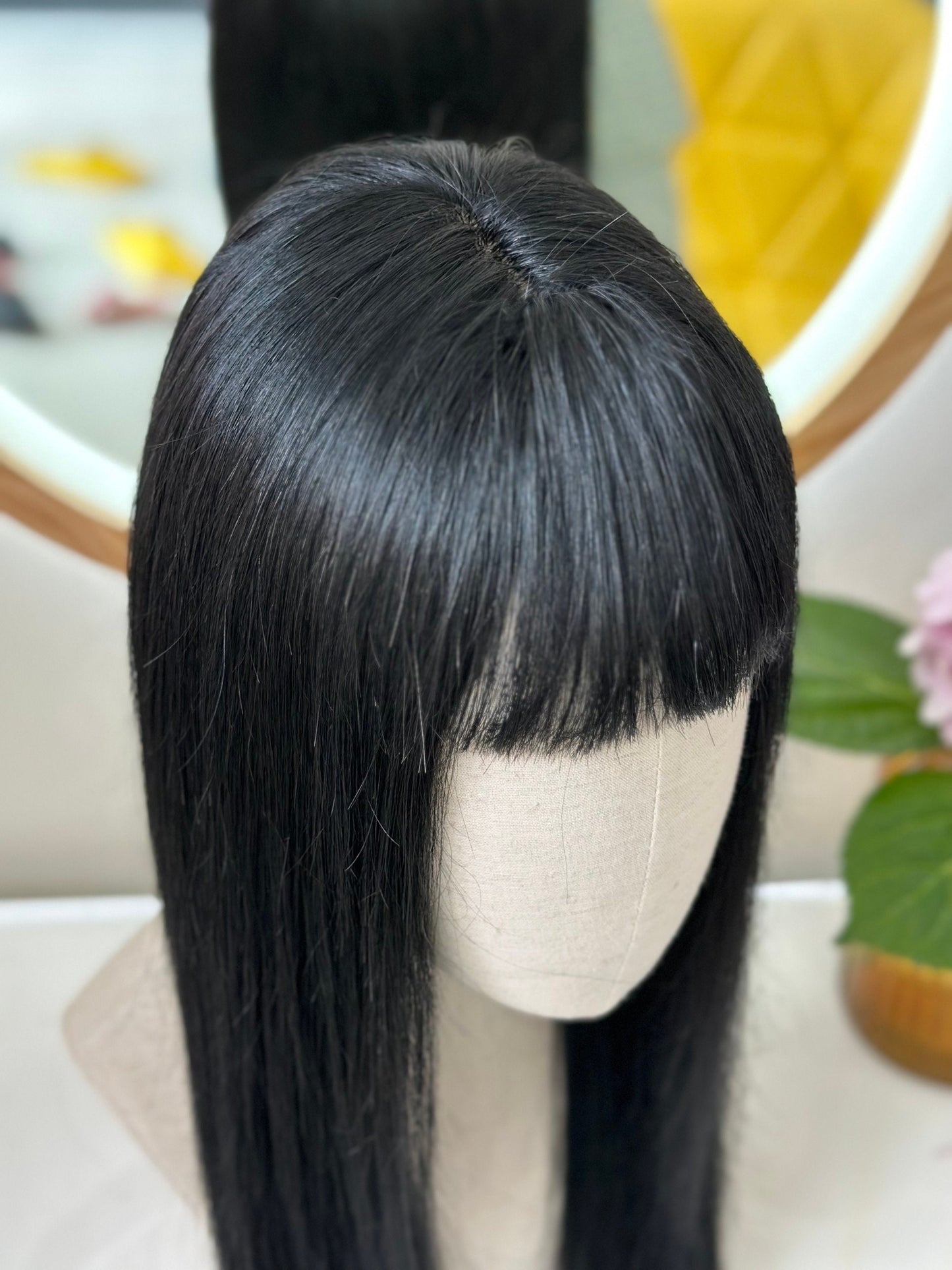 Lavia, Lisa Blackpink inspiration, jet black with front bangs wig, 50cm, 200% density, 2.4gram, hand-tied monofilament 3D silk cap