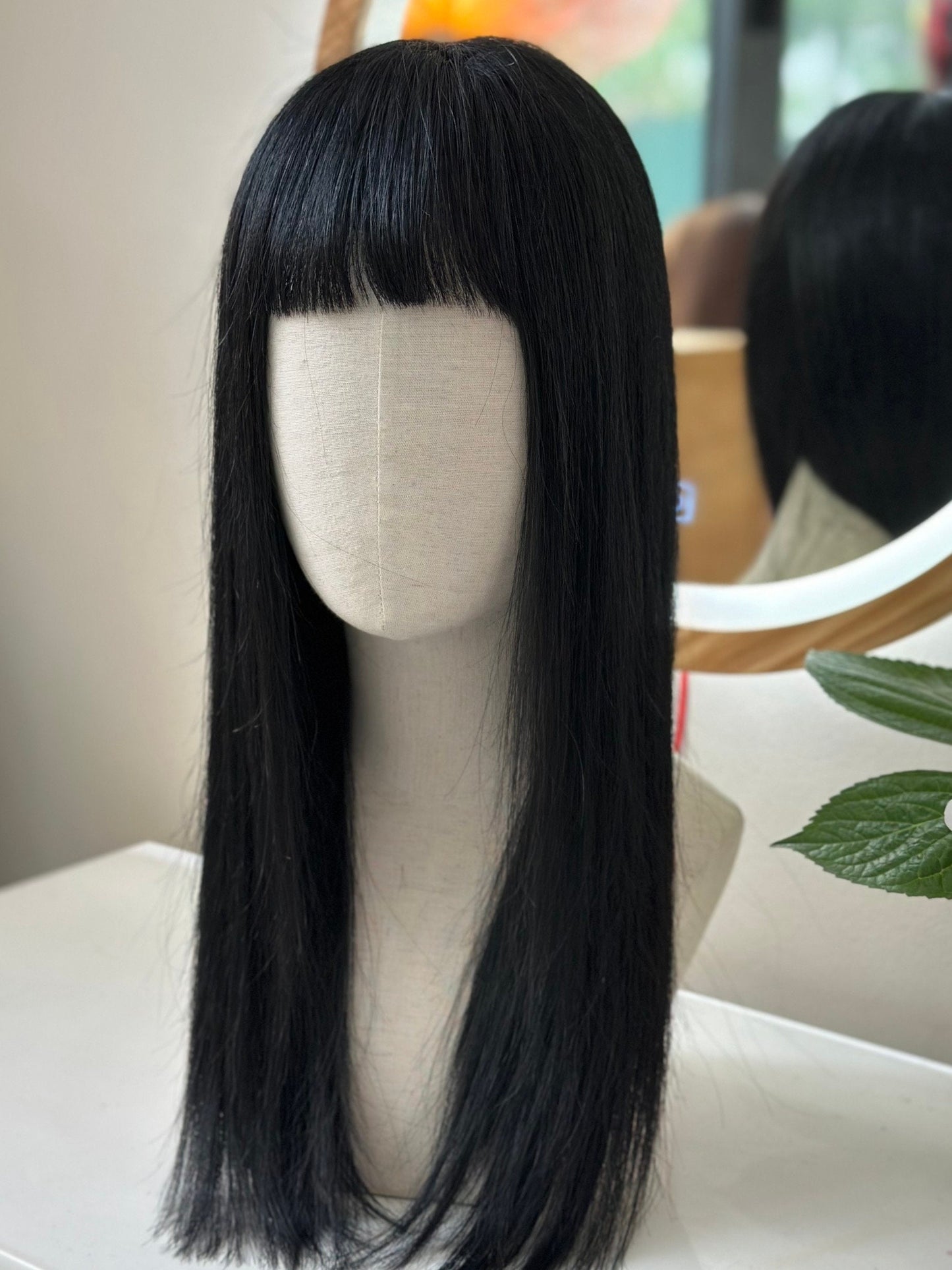 Lavia, Lisa Blackpink inspiration, jet black with front bangs wig, 50cm, 200% density, 2.4gram, hand-tied monofilament 3D silk cap