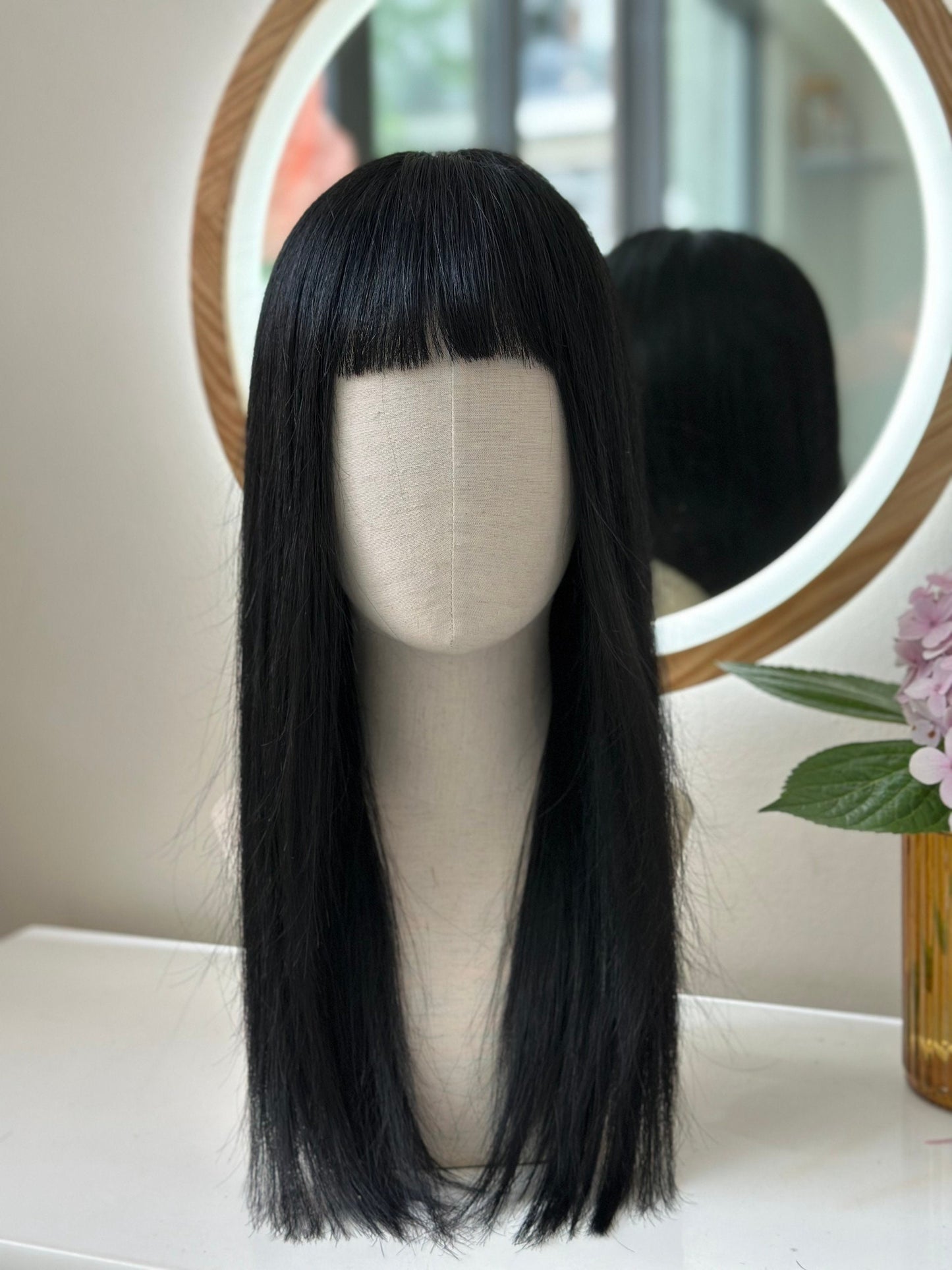 Lavia, Lisa Blackpink inspiration, jet black with front bangs wig, 50cm, 200% density, 2.4gram, hand-tied monofilament 3D silk cap