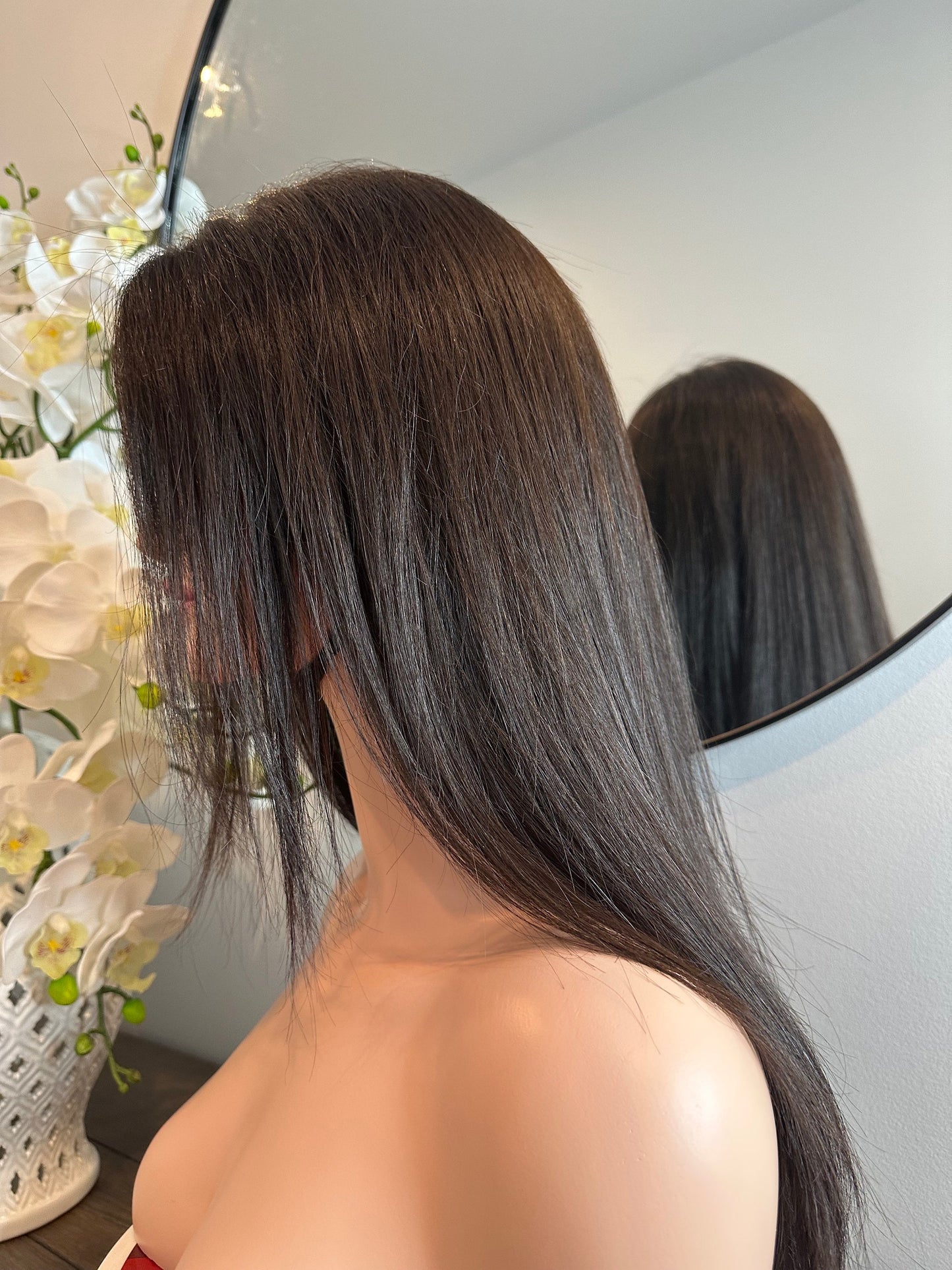 Lavia, dark brown wig, 45cm, 200% density, 250gram, hand-tied monofilament, free wig holder