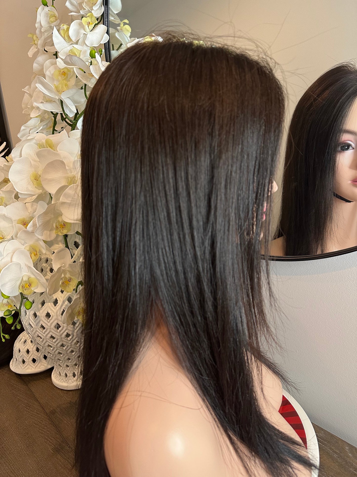 Lavia, dark brown wig, 45cm, 200% density, 250gram, hand-tied monofilament, free wig holder