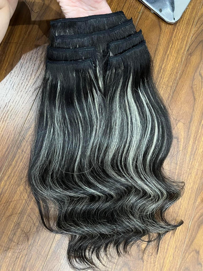 Lavia, clip-in hair black and grey balayage extensions real human hair, 24 inches, 60cm, to enhance hair volumn and length for any occasion