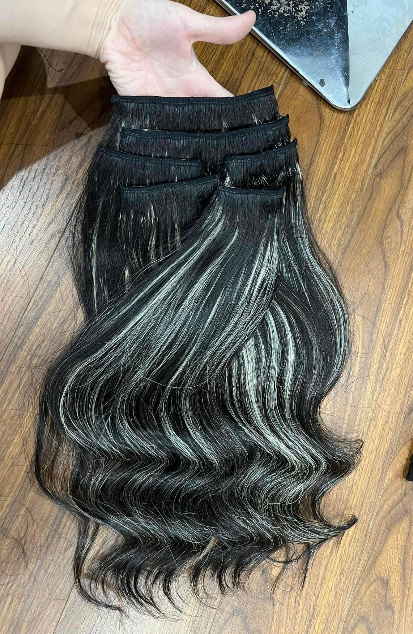 Lavia, clip-in hair black and grey balayage extensions real human hair, 18 inches, 45cm, to enhance hair volumn and length for any occasion