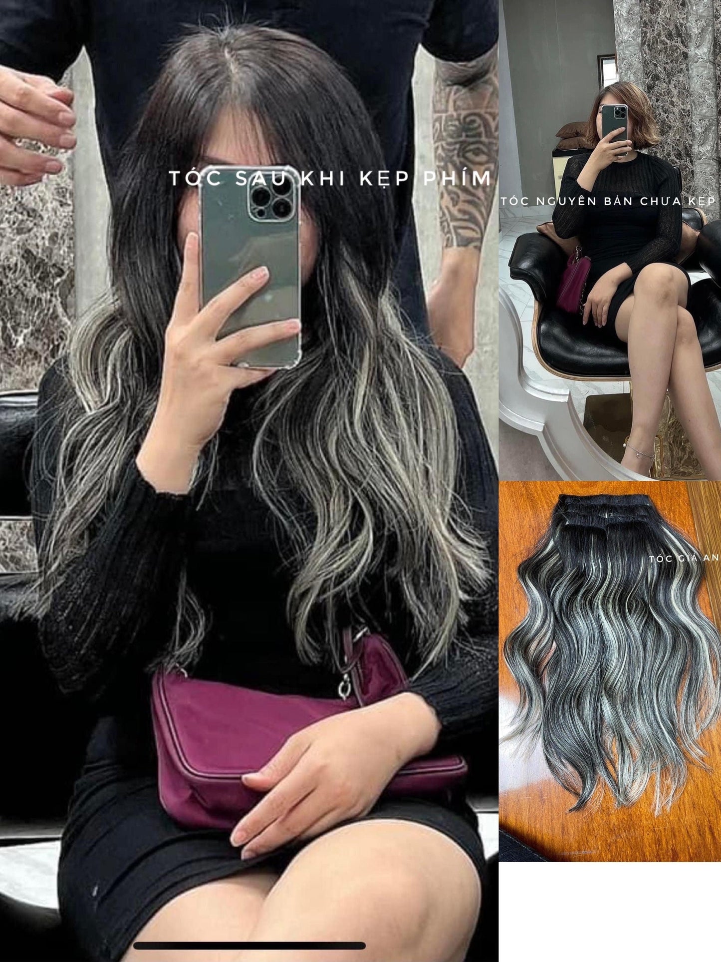 Lavia, clip-in hair black and grey balayage extensions real human hair, 24 inches, 60cm, to enhance hair volumn and length for any occasion