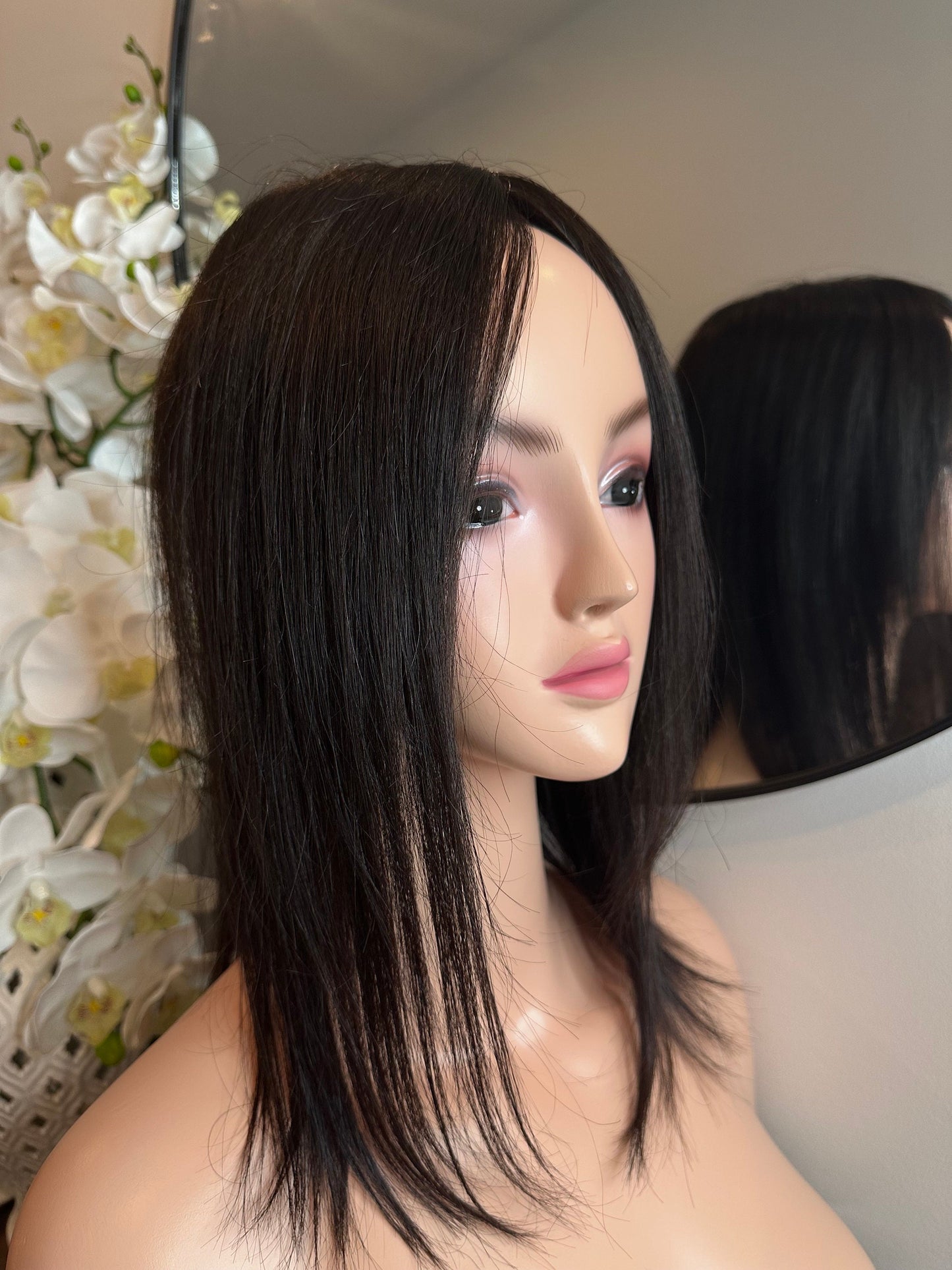 Lavia, deluxe medium density large monofilament silk based real human hair Topper, free parting, best solution for hair thinning