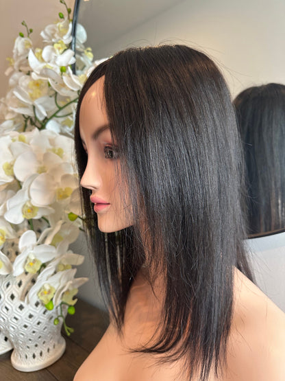 Lavia, deluxe medium density large monofilament silk based real human hair Topper, free parting, best solution for hair thinning