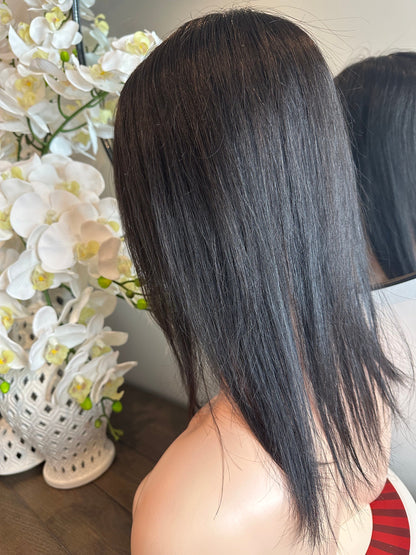 Lavia, deluxe medium density large monofilament silk based real human hair Topper, free parting, best solution for hair thinning