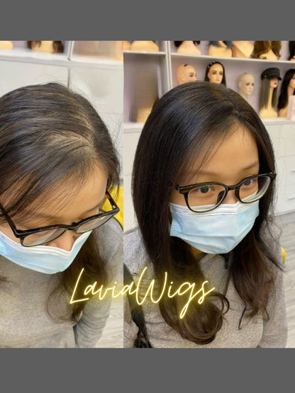 Lavia, deluxe medium density large monofilament silk based real human hair Topper with fringe, free parting, best solution for hair thinning