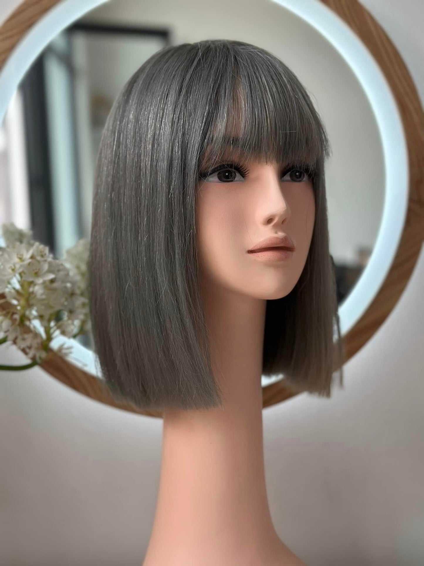 Lavia, ash grey bob wig with fringe, hand-tied monofilament cap