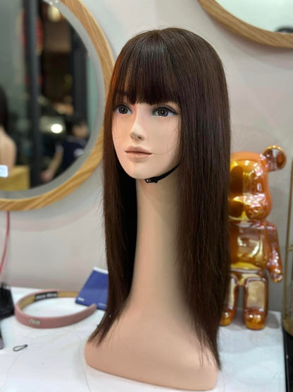 Lavia, dark brown with front bangs wig 50cm 180% density, hand-tied monofilament cap