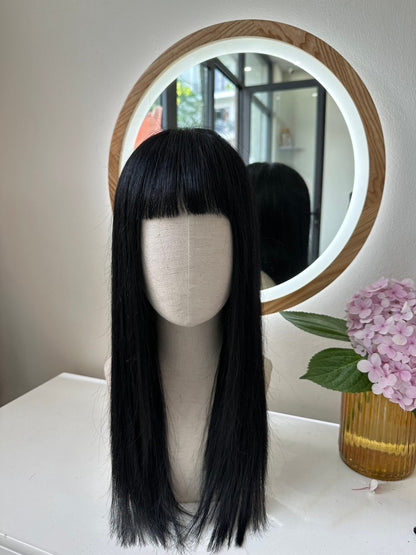 Lavia, Lisa Blackpink inspiration, jet black with front bangs wig, 50cm, 200% density, 2.4gram, hand-tied monofilament 3D silk cap