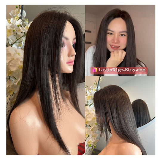 Lavia, black brown wig with long side bangs, 20 inches, 50cm, 200% density, 250gram, hand-tied monofilament