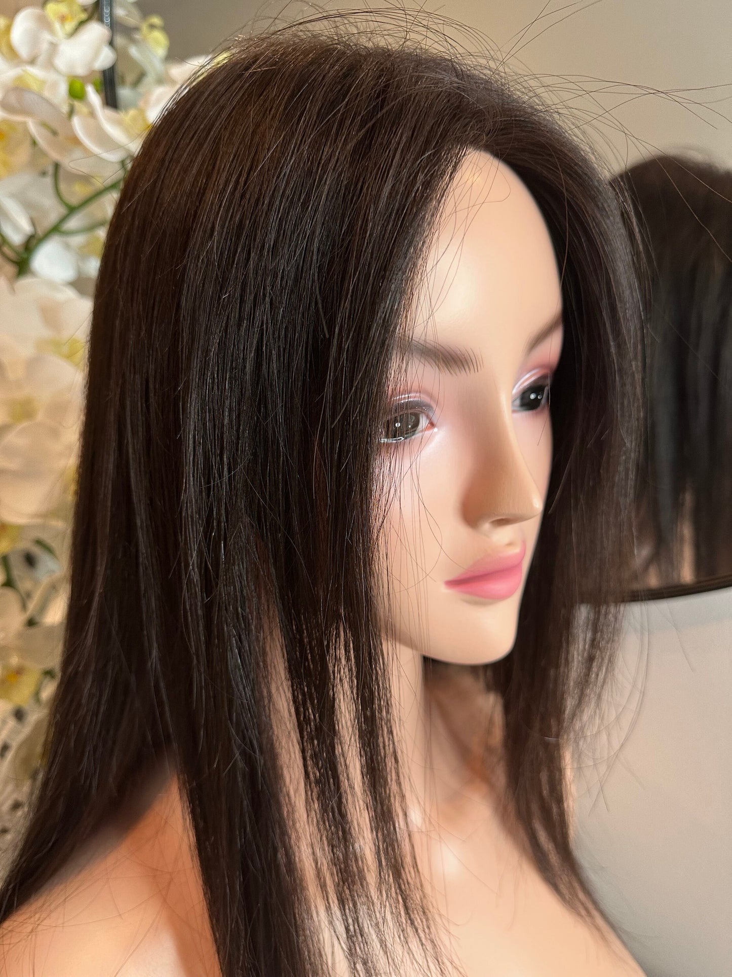 Lavia, black brown wig with long side bangs, 20 inches, 50cm, 200% density, 250gram, hand-tied monofilament