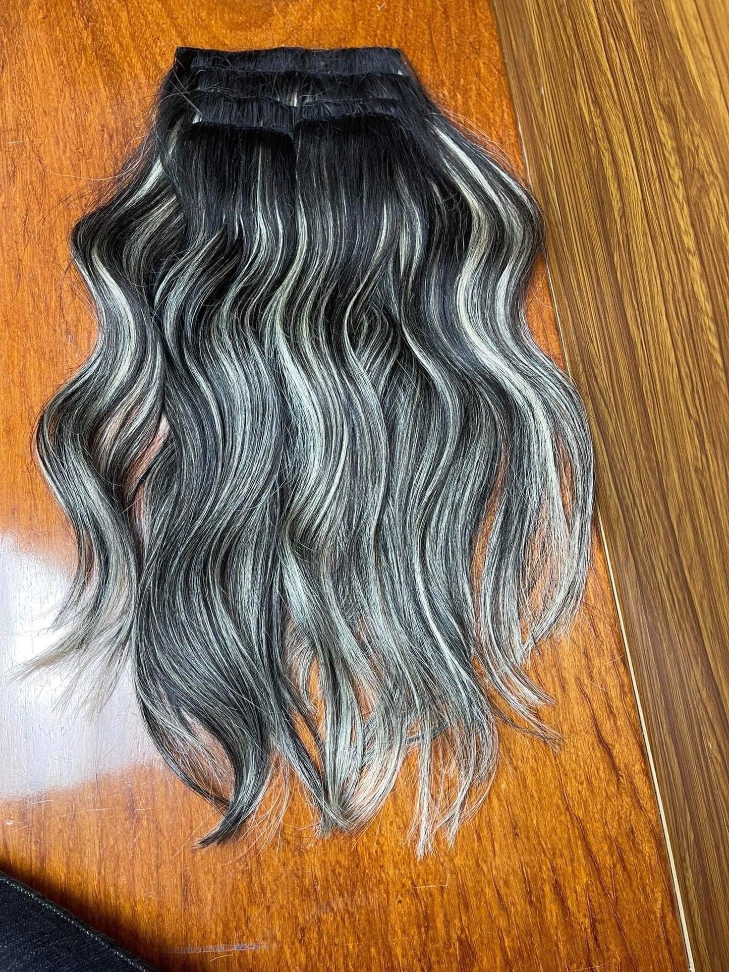 Lavia, clip-in hair black and grey balayage extensions real human hair, 24 inches, 60cm, to enhance hair volumn and length for any occasion