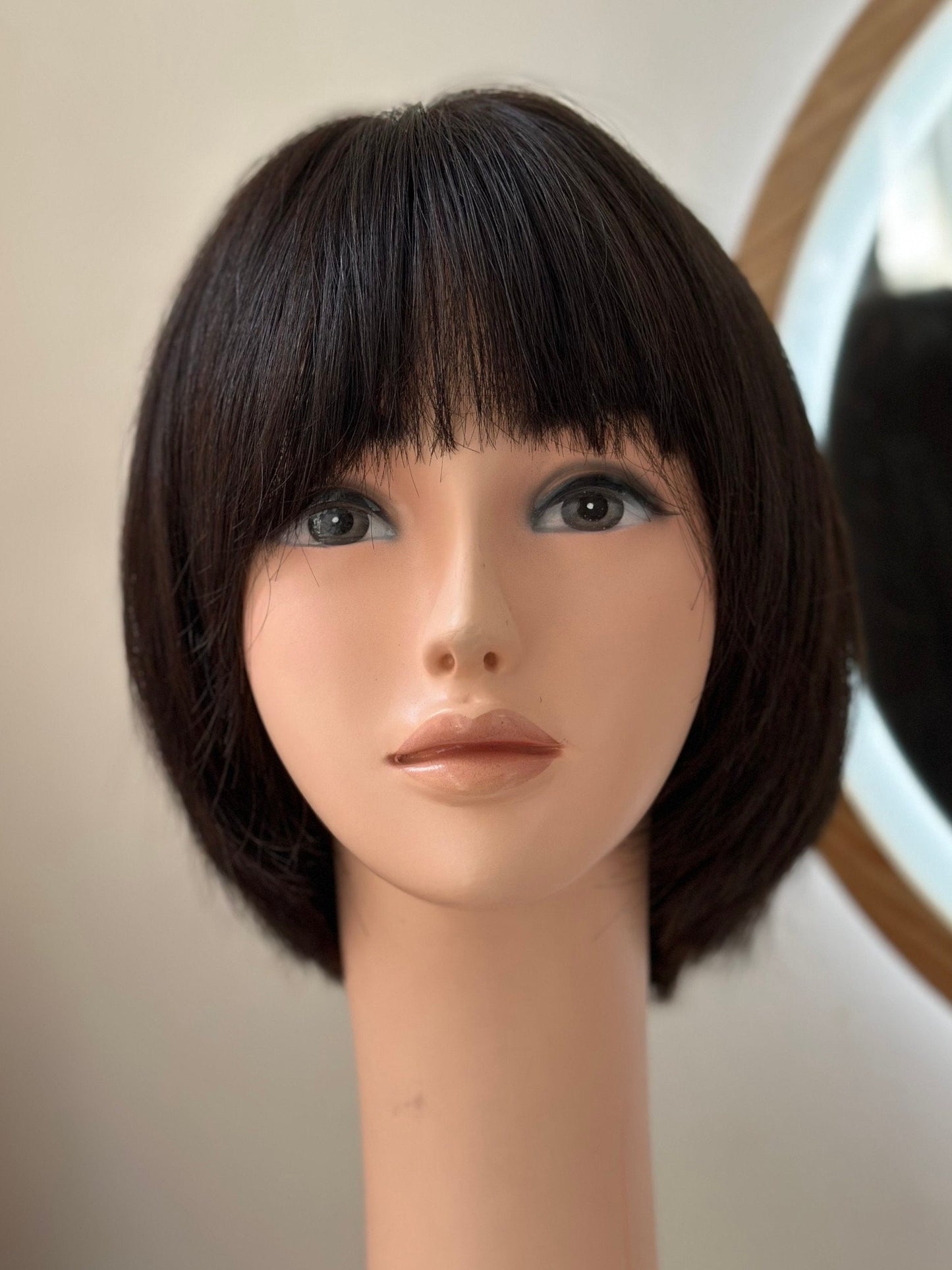 Lavia, short bob natural black wig with fringe - 3D realistic skin hand-tied monofilament cap