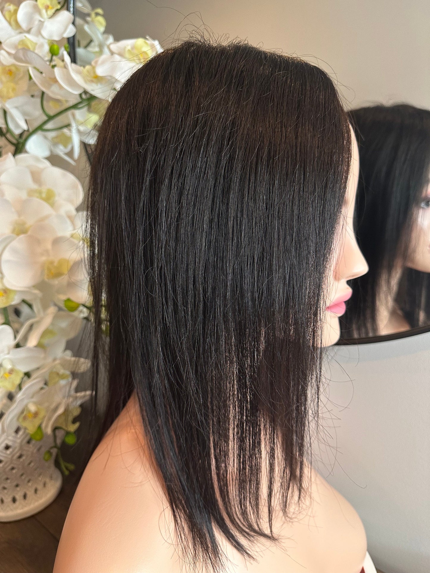 Lavia, deluxe medium density large monofilament silk based real human hair Topper, free parting, best solution for hair thinning