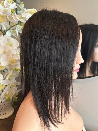 Lavia, deluxe medium density large monofilament silk based real human hair Topper, free parting, best solution for hair thinning