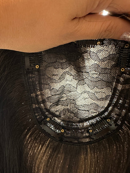 Lavia, deluxe medium density large monofilament silk based real human hair Topper with fringe, free parting, best solution for hair thinning