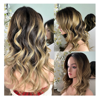 Lavia, Honeycomb blonde Balayage real hair wig hot hair trend, 18 inches (45 cm), 200% density, hand-tied monofilament cap