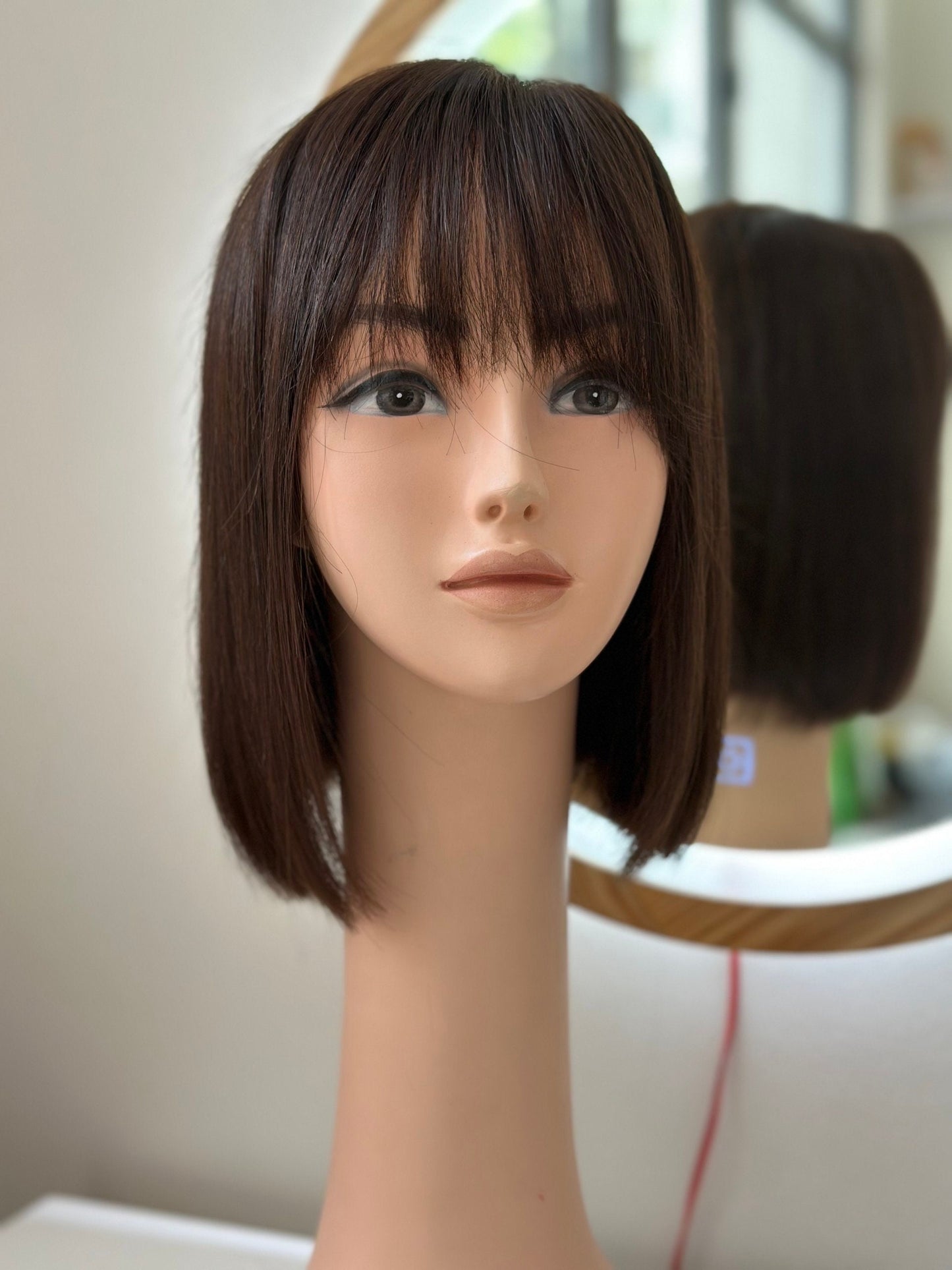 Lavia, low density chocolate brown bob wig with fringe - 3D realistic skin hand-tied monofilament cap