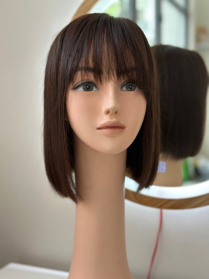 Lavia, low density chocolate brown bob wig with fringe - 3D realistic skin hand-tied monofilament cap