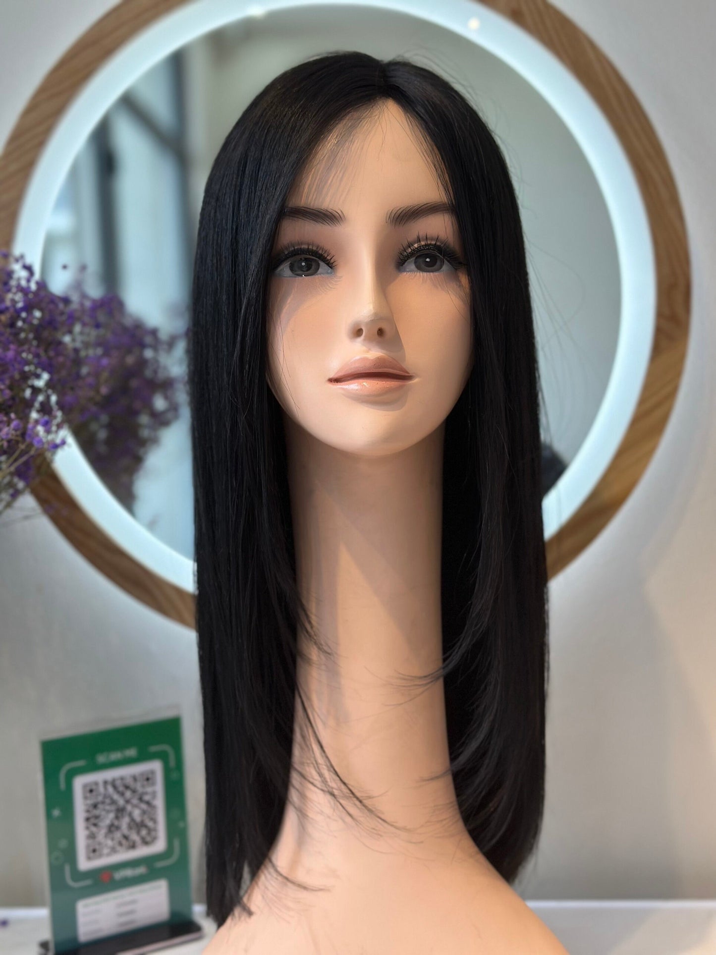 Lavia, jet black wig, 18 inches (45 cm), 150% density, silk based hand-tied monofilament cap