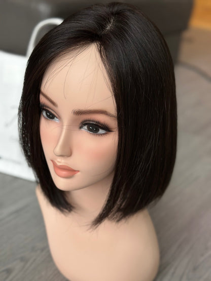 Lavia,silk base, thinner crown short natural black hair wig, 3D realistic skin silk base hand-tied monofilament cap