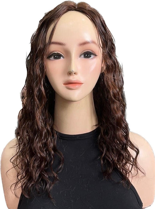 Lavia, medium-high density chocolate brown human hair silk based wavy curl Hair Topper 45cm, 18 inches